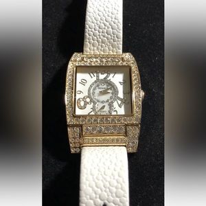 GOSSIP Quartz Rhinestone Encrusted Unisex Watch Gold Toned W/White Leather Band